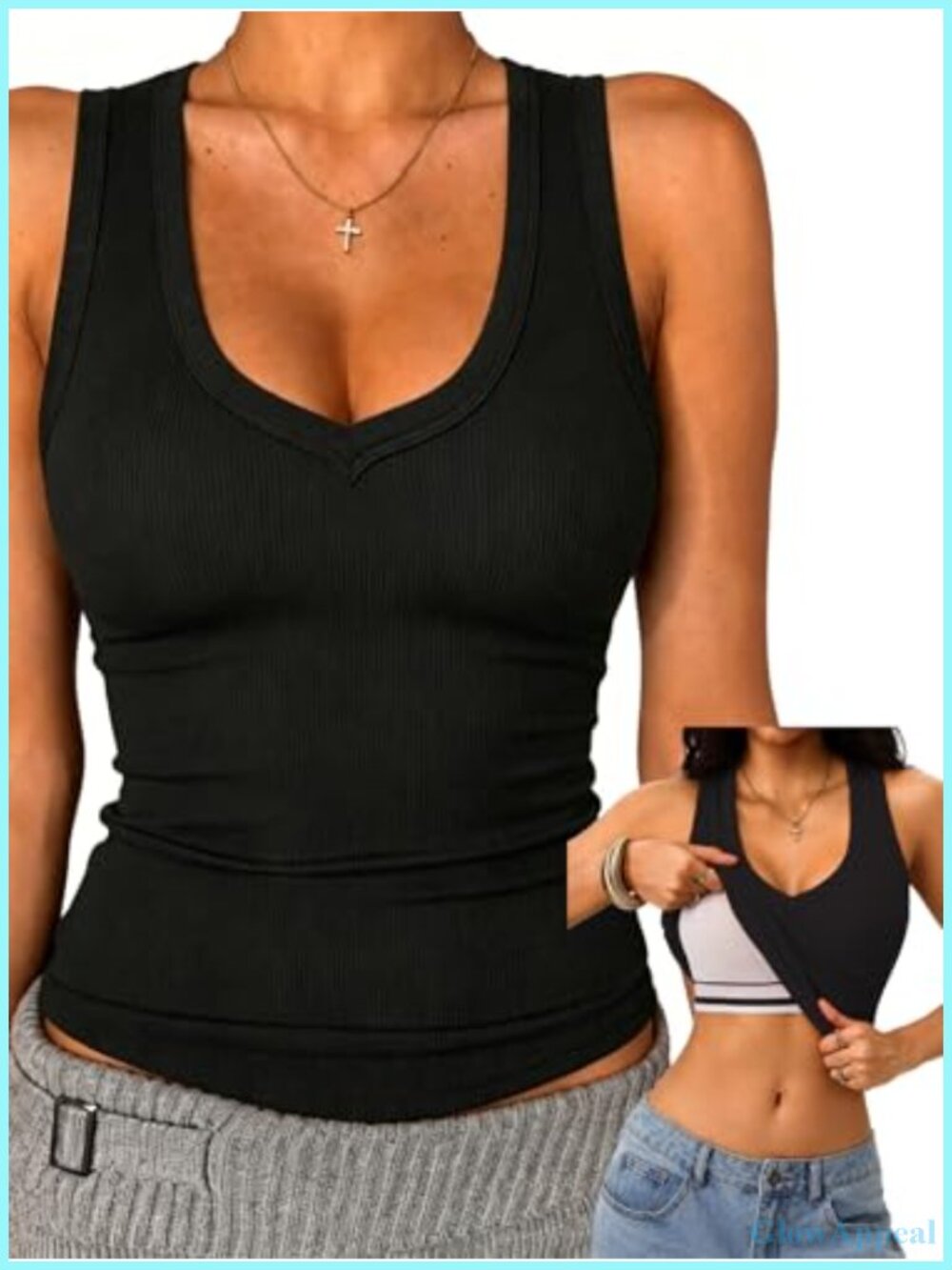 Women's Built in Bra Tank Top Racerback Ribbed Sleeveless V Neck Shirt